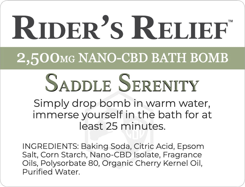 Label for Rider's Relief 2,500mg Nano-CBD Bath Bomb with product details and usage instructions.