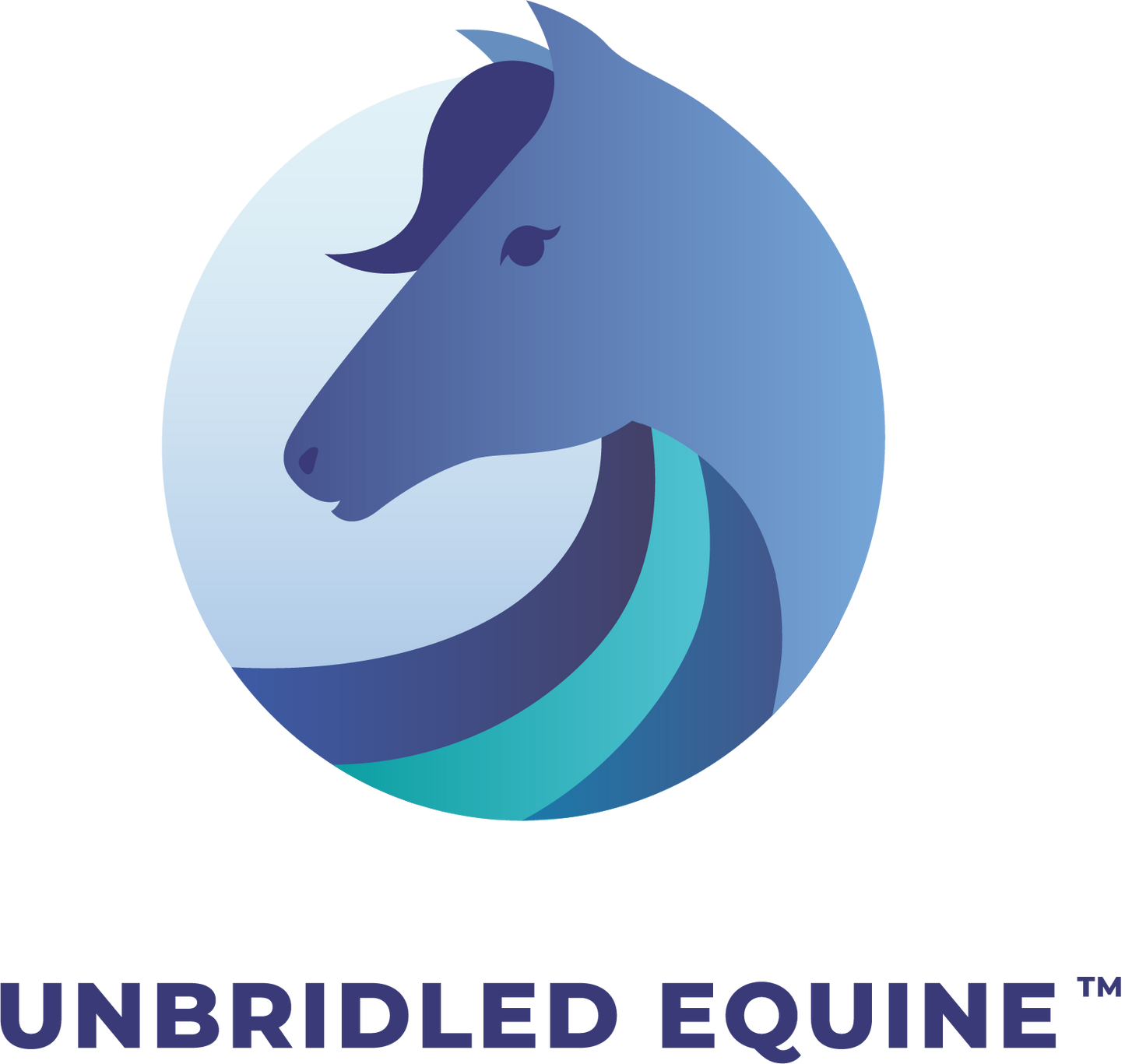 Logo of Unbridled Equine with a stylized horse head design on a white background.