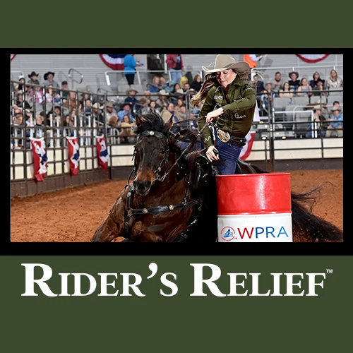 Image of a female barrel racer with the Rider's Relief logo