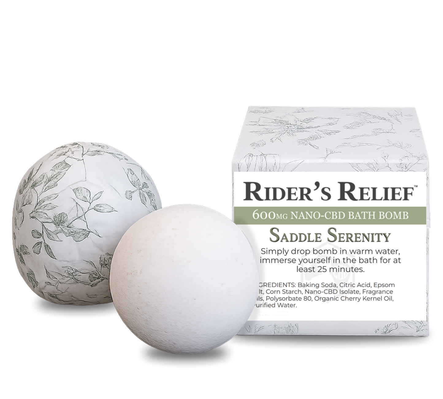 Rider's Relief CBD bath bomb with packaging on a white background