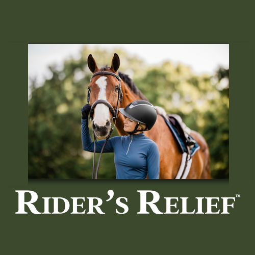 Woman in equestrian gear with a horse, featuring 'Rider's Relief' text.