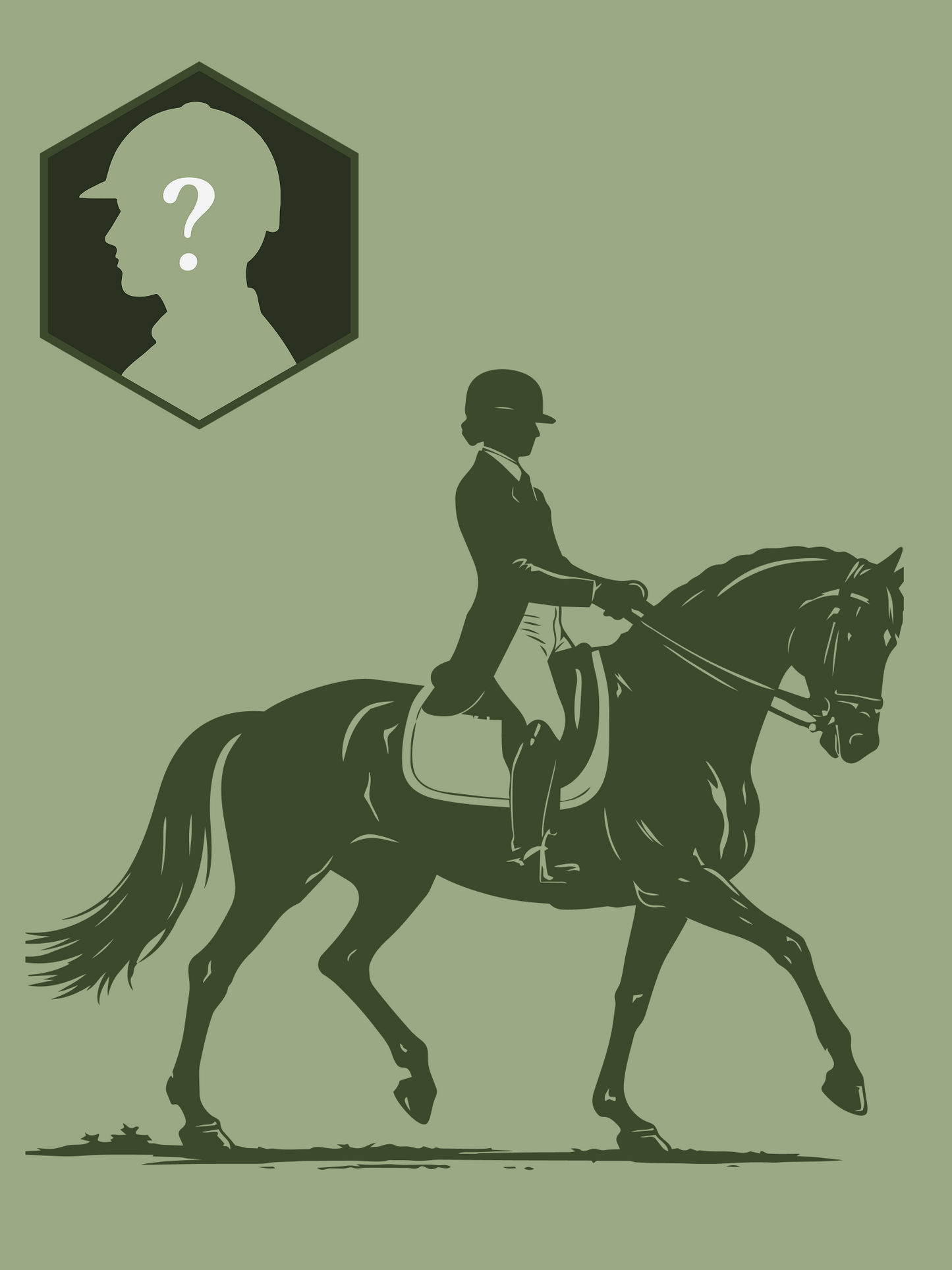 Silhouette of a woman riding dressage with a question mark icon above on a green background