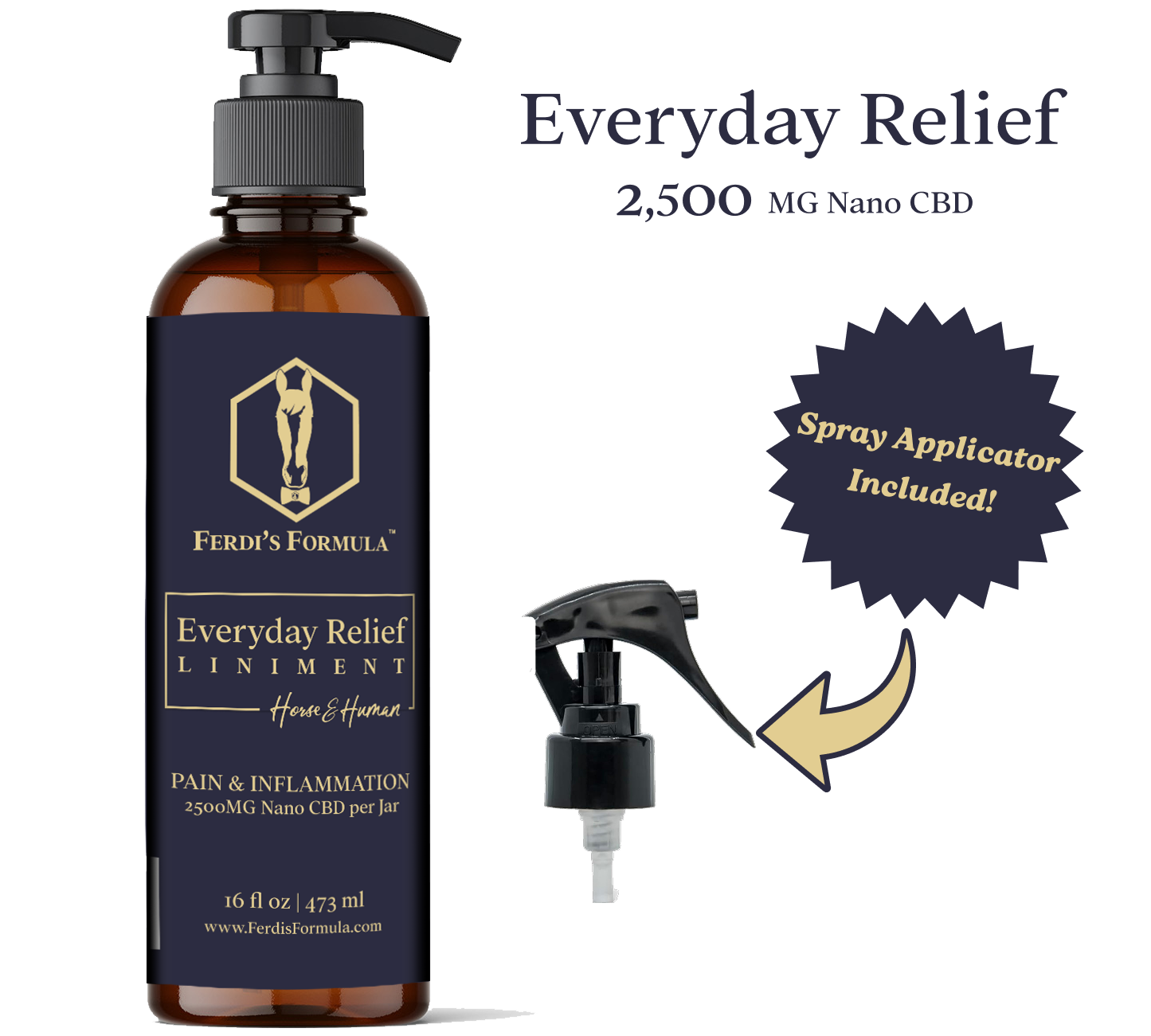 CBD product bottle with pump and spray applicator, labeled 'Everyday Relief' by Ferdi's Formula.