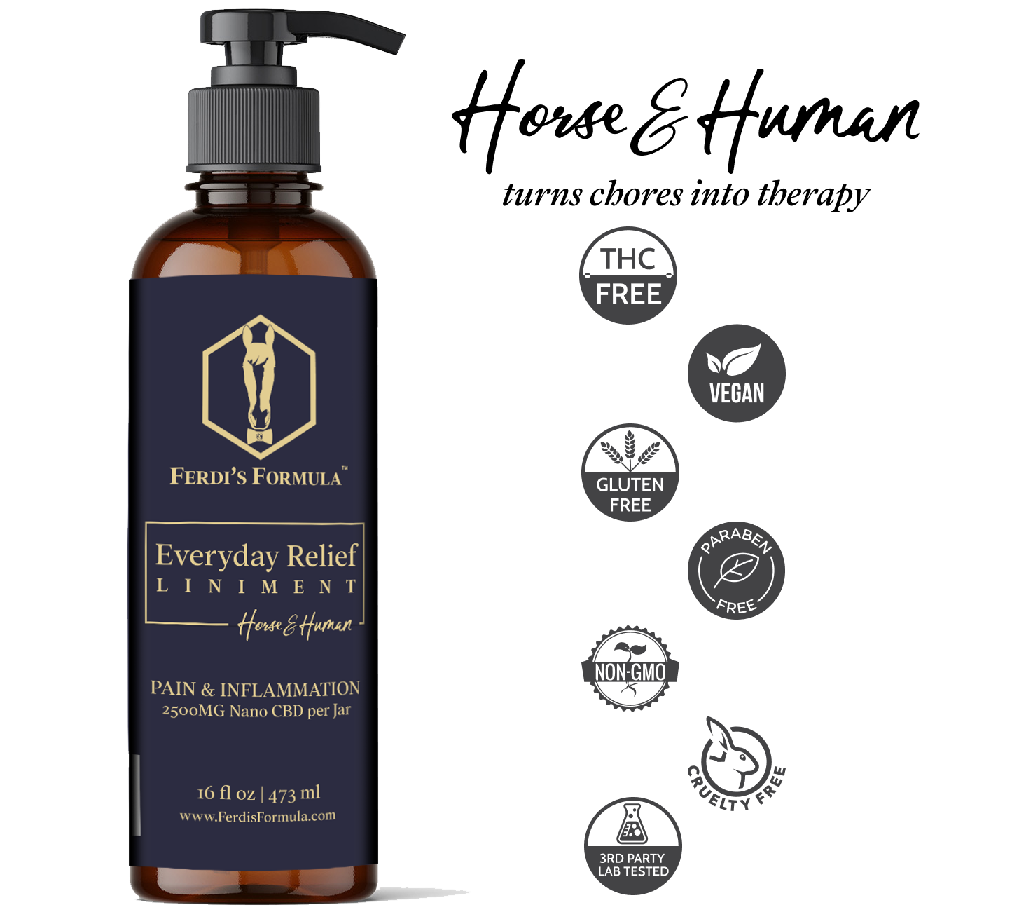 Bottle of liniment with product info badges: THC Free, Vegan, GlutenFree, Non-GMO, Paraben Free, Cruelty Free, 3rd Party Lab Tested
