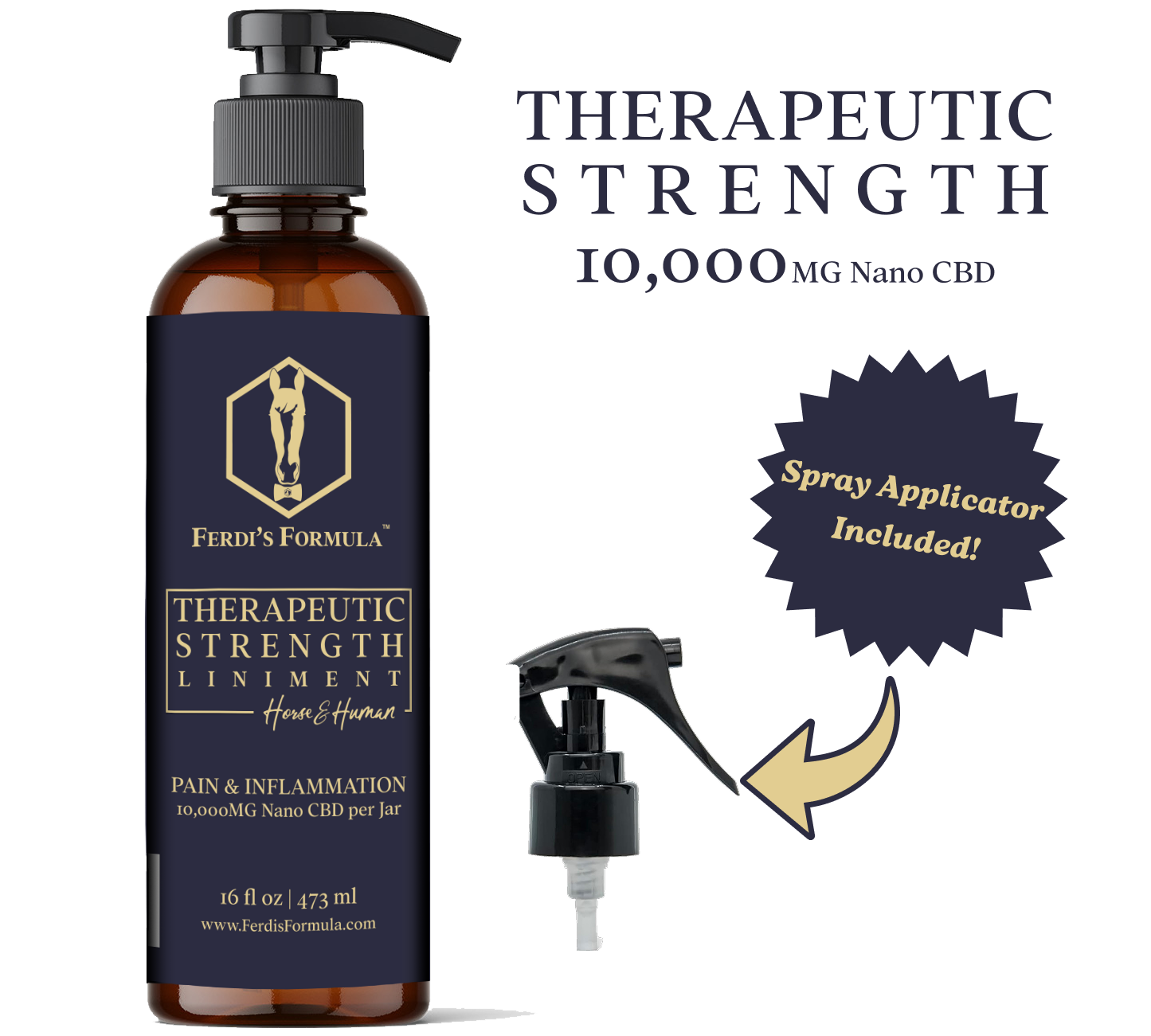 CBD liniment bottle with pump and spray applicator, labeled 'Ferd's Formula Therapeutic Strength Liniment'.