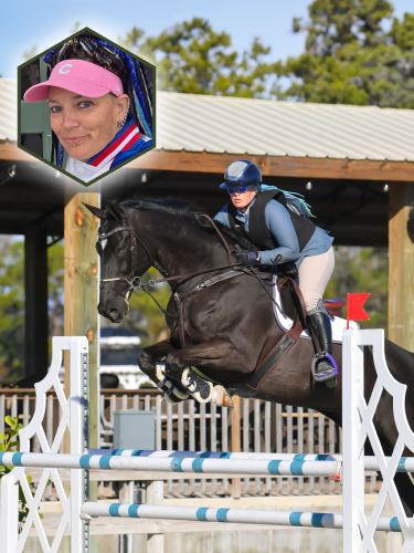 Haley competing at a Show Jumping Event with a close-up of her face. 