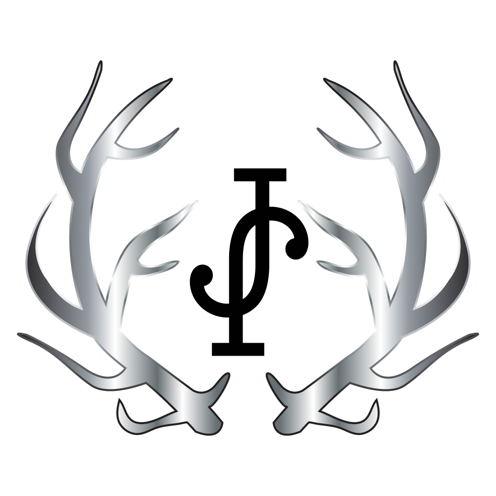 Decorative logo for JJ SportHorses USA with silver antlers and a black emblem on a white background
