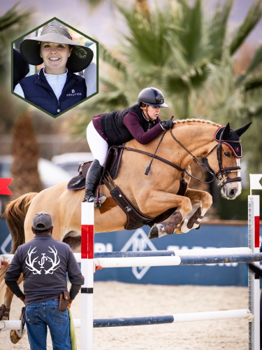 Jennifer jumping over an obstacle with a close-up photo.