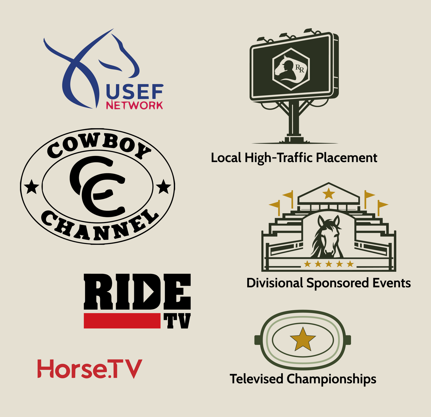 Collection of equestrian-related logos and text on a beige background