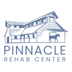 Logo of Pinnacle Rehab Center with a building and horse illustration on a white background
