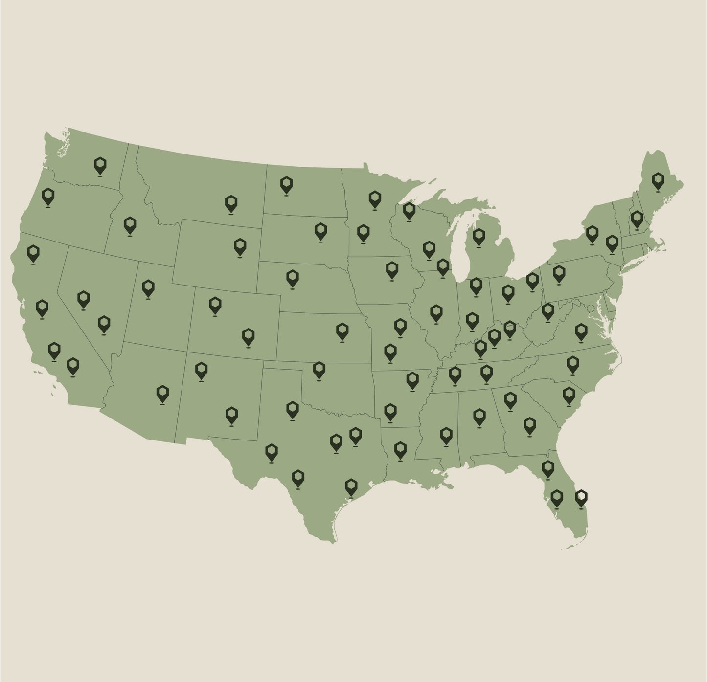 Map of the United States with black markers indicating locations