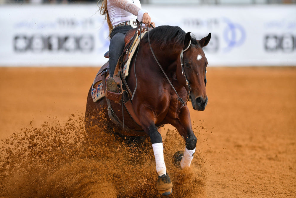 Picture of western rider sliding in the ring riding a horse