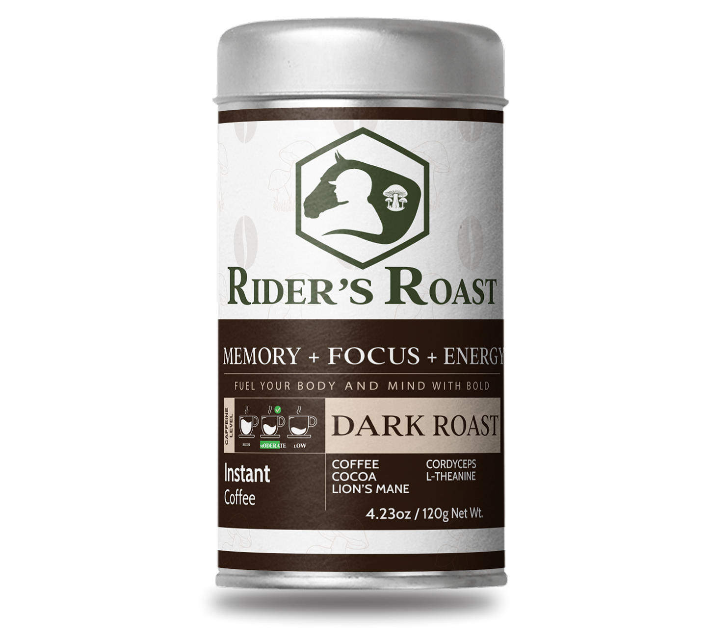 Canister of Rider's Roast dark roast instant coffee on a white background