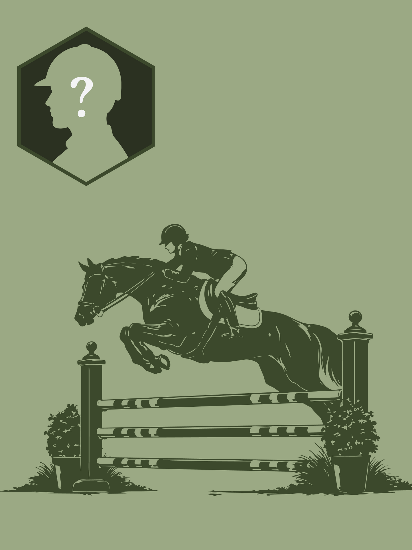 Silhouette of a horse and rider jumping over a fence on a green background with a question mark silhouette above.