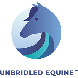 Logo of Unbridled Equine with a stylized horse head in blue and green on a white background.
