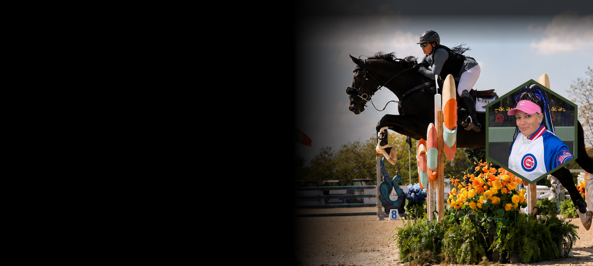 A composite equestrian jump scene with Hayley Kohler on a black horse clearing a jump, alongside a large inset photo of Hayley Kohler.
