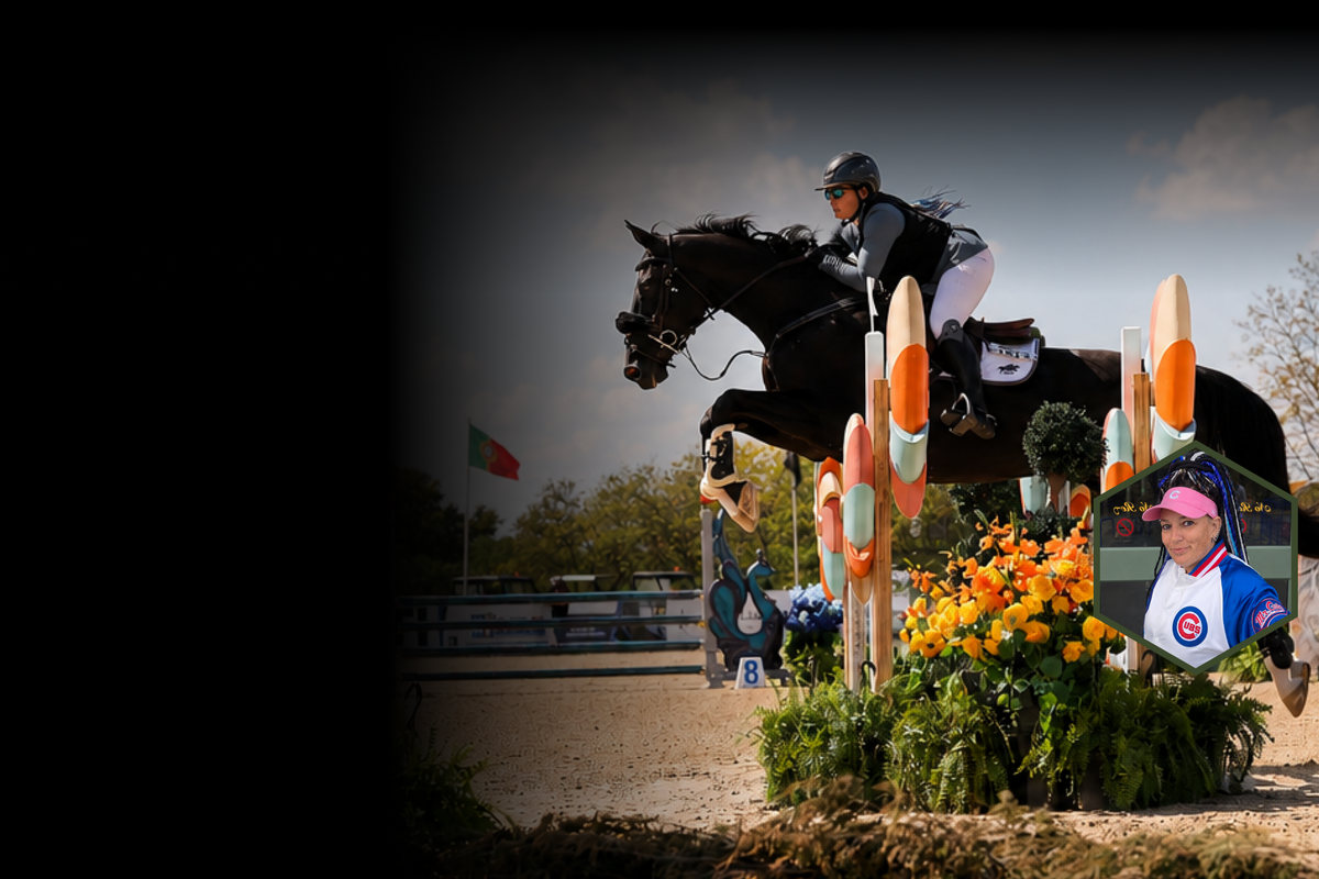 A composite equestrian jump scene with Hayley Kohler on a black horse clearing a jump, alongside a large inset photo of Hayley Kohler.