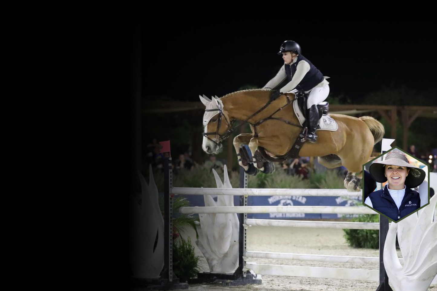 Horse and rider jumping over a fence with a inset of a person wearing a hat.