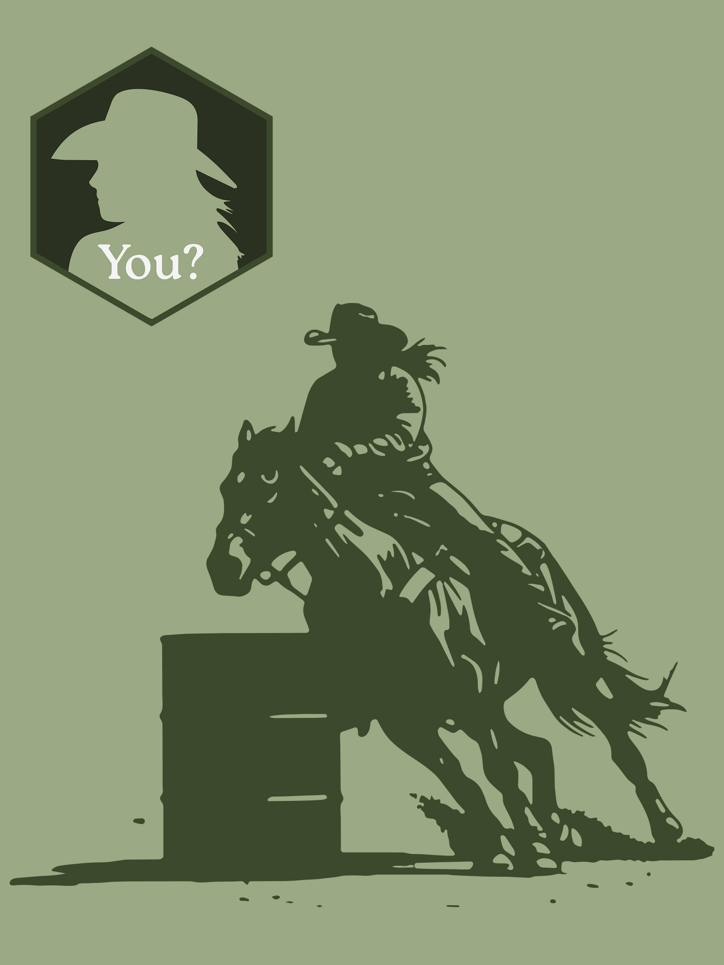 Silhouette of a cowgirl racing barrels on a horse with a question mark icon and 'You?' text on a green background.